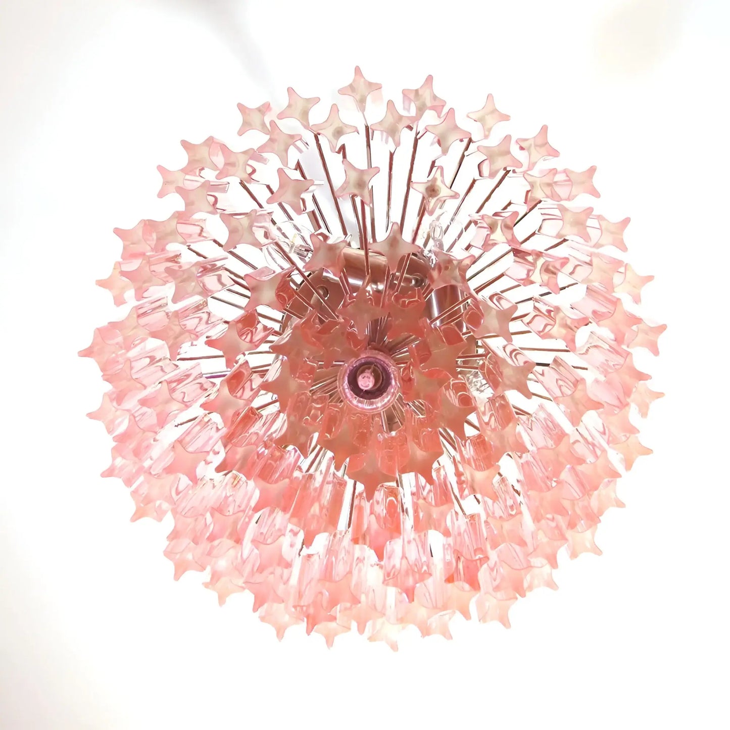 Hermosa lámpara de araña rosa con prismas Quadriedri de Murano