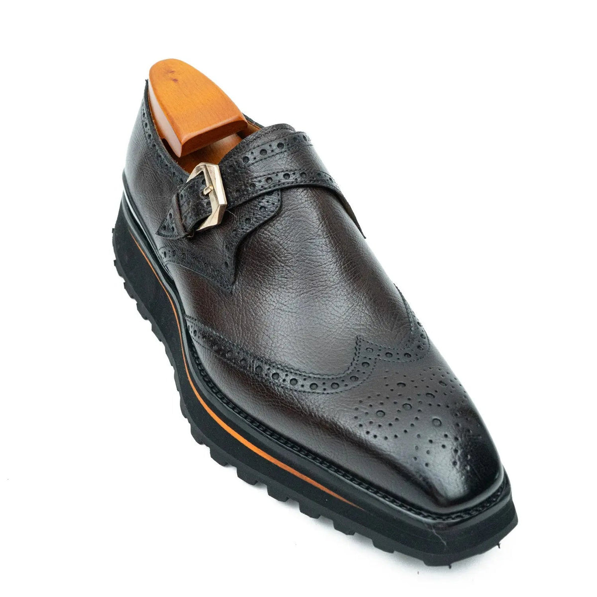 Brown-Black Wingtip Cow Leather Monk Shoes