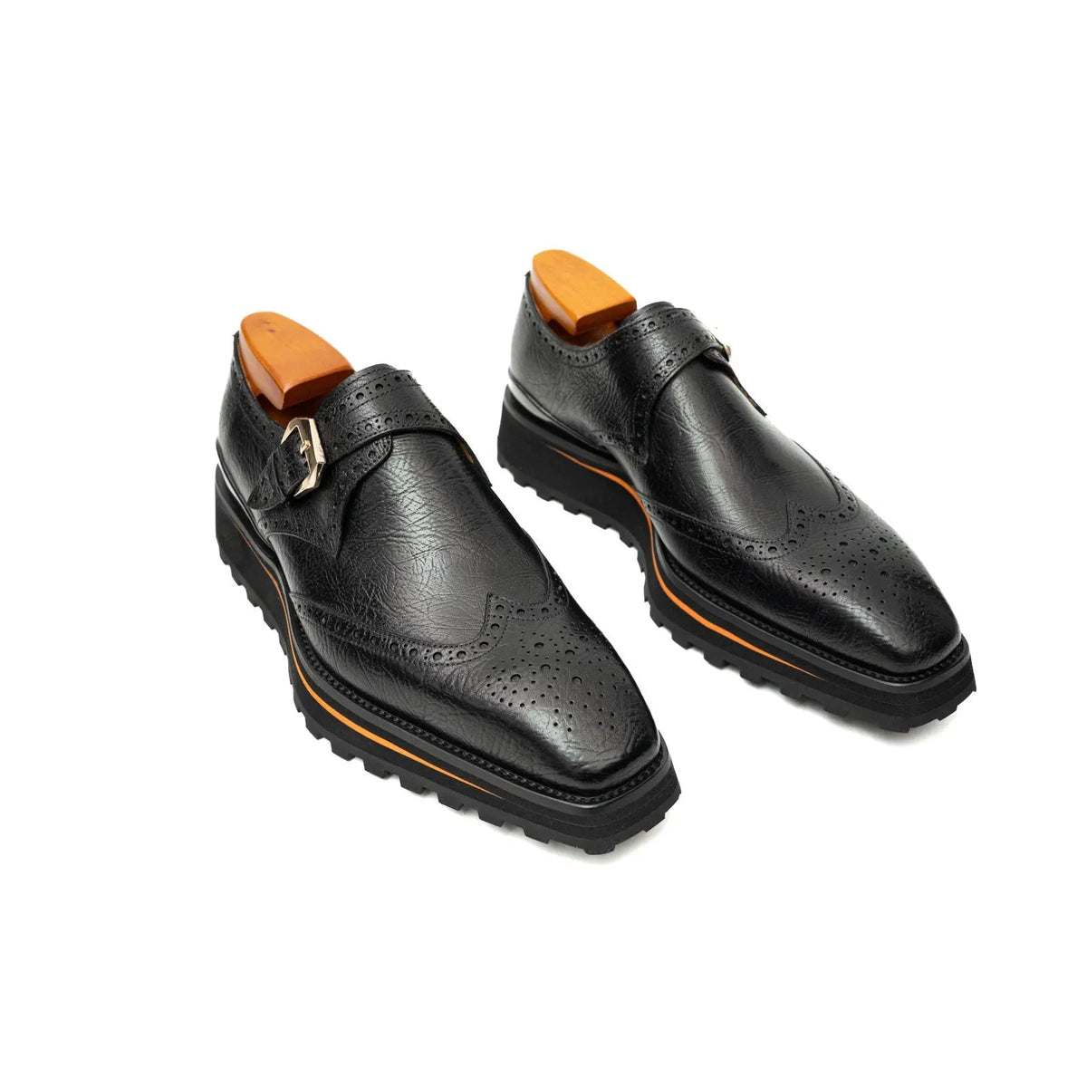 Black Wingtip Kangaroo Leather Monk Shoes