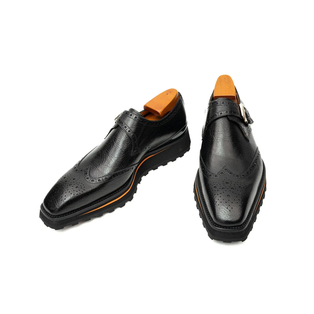 Black Wingtip Kangaroo Leather Monk Shoes