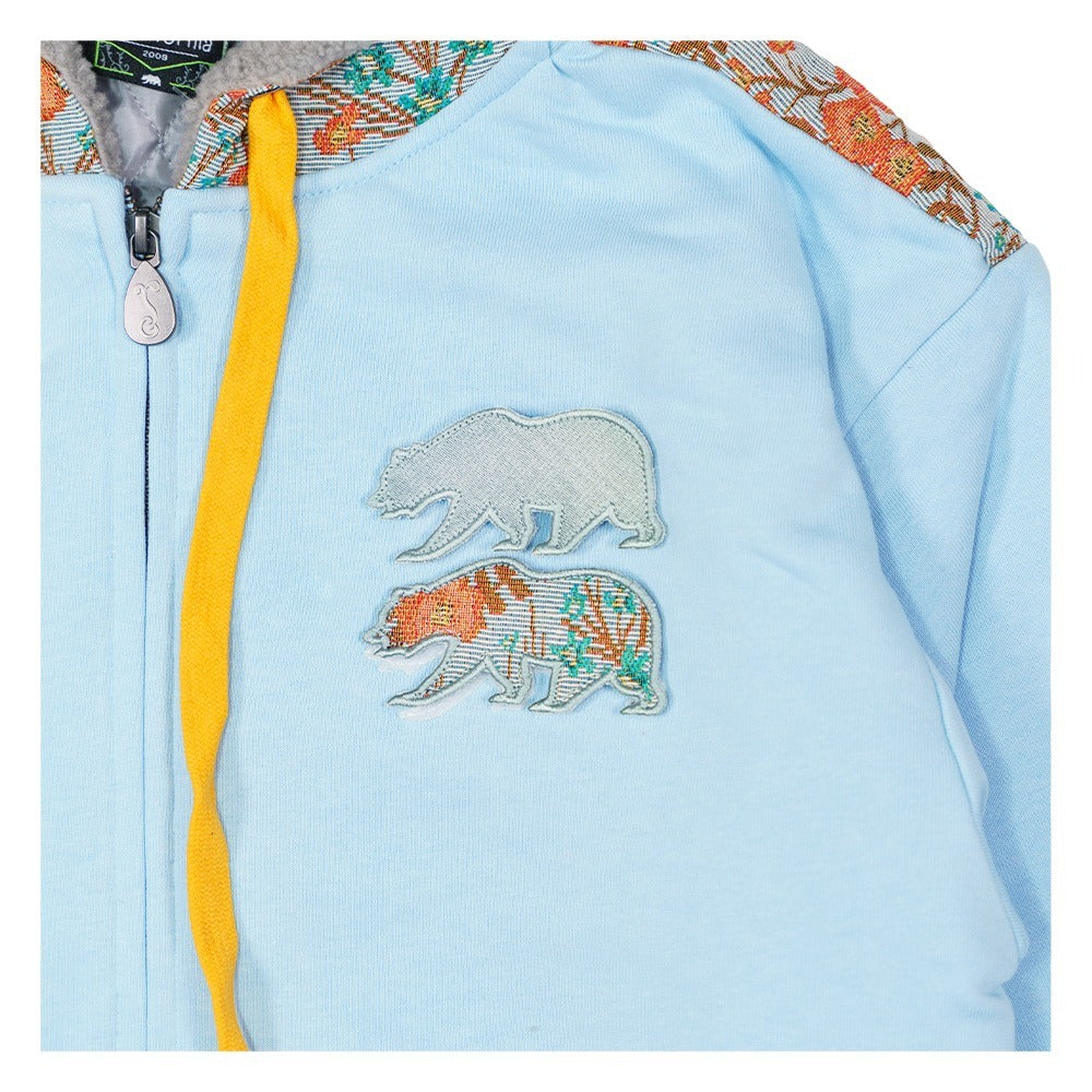 Sudadera con capucha azul con cremallera y osos florales extraíbles