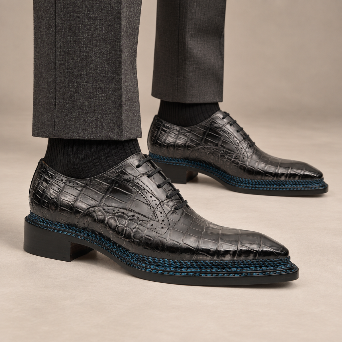 Gray Crocodile Leather Oxford Shoes