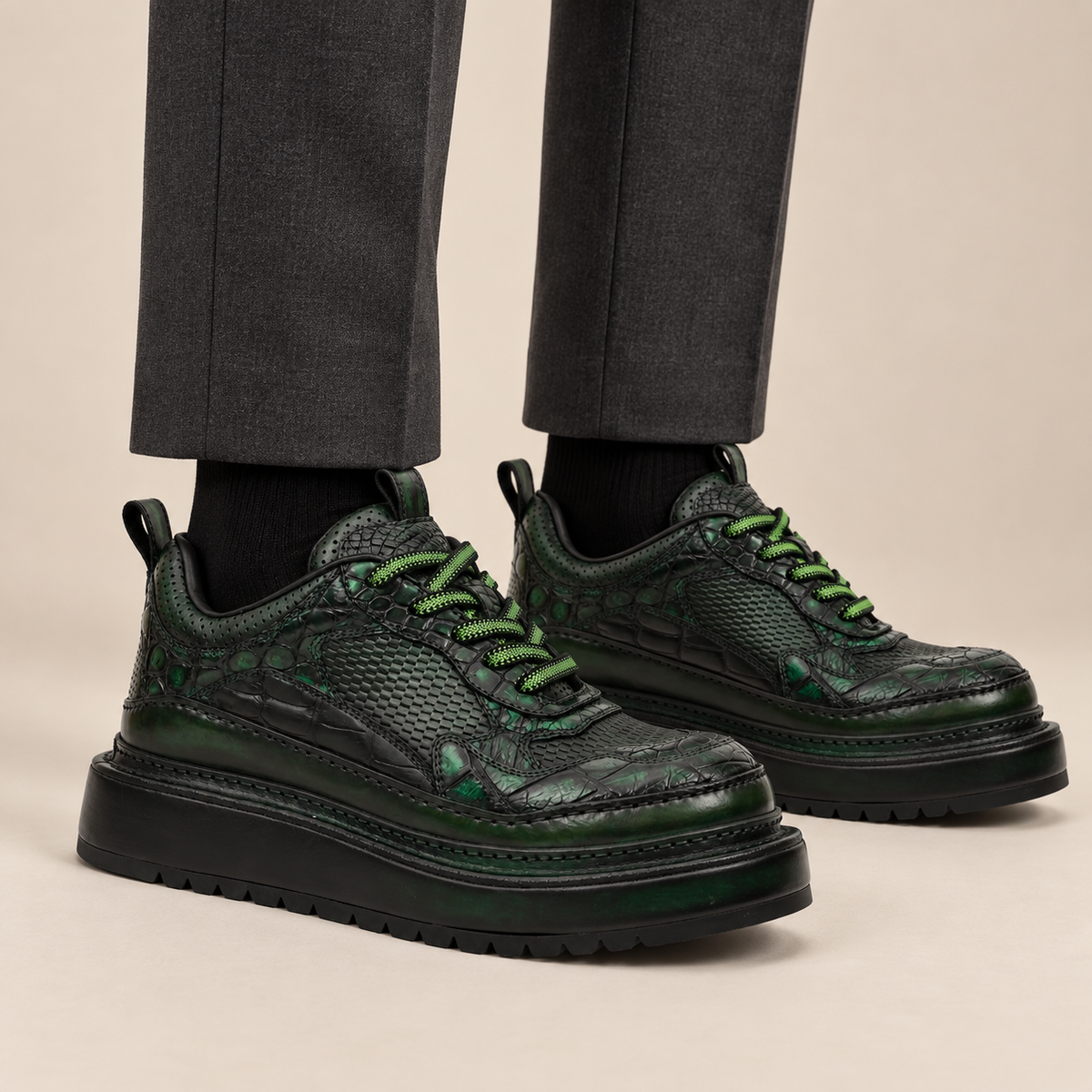 Green-Black Platform Crocodile Leather Sneakers