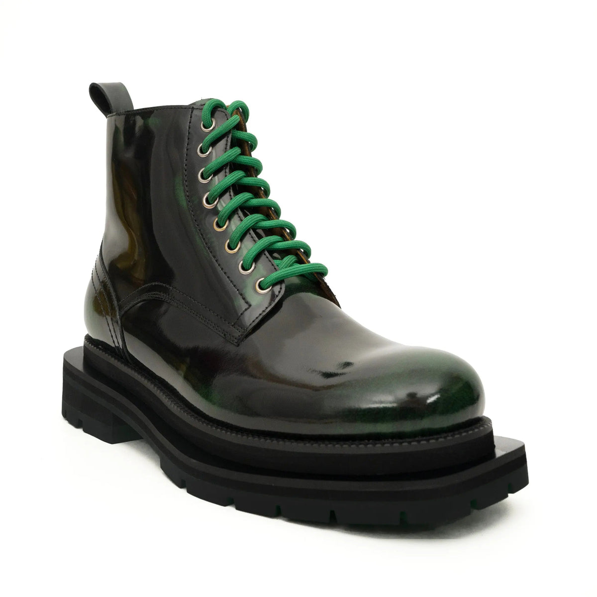 Black-Green Plain-Toe Cow Leather Ankle Boots