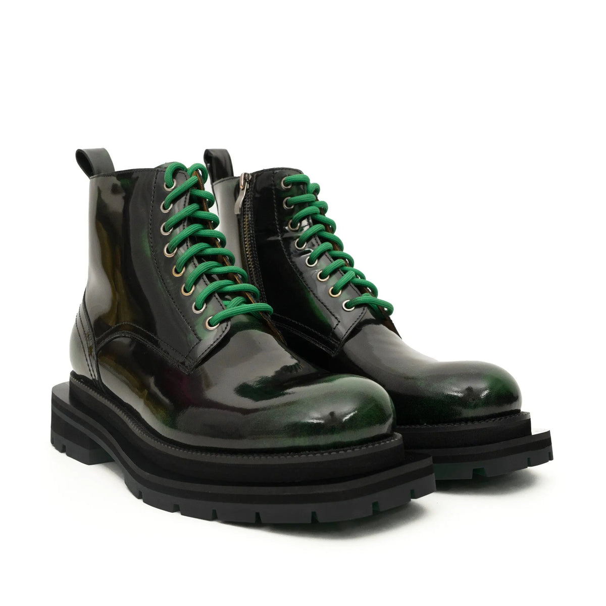 Black-Green Plain-Toe Cow Leather Ankle Boots