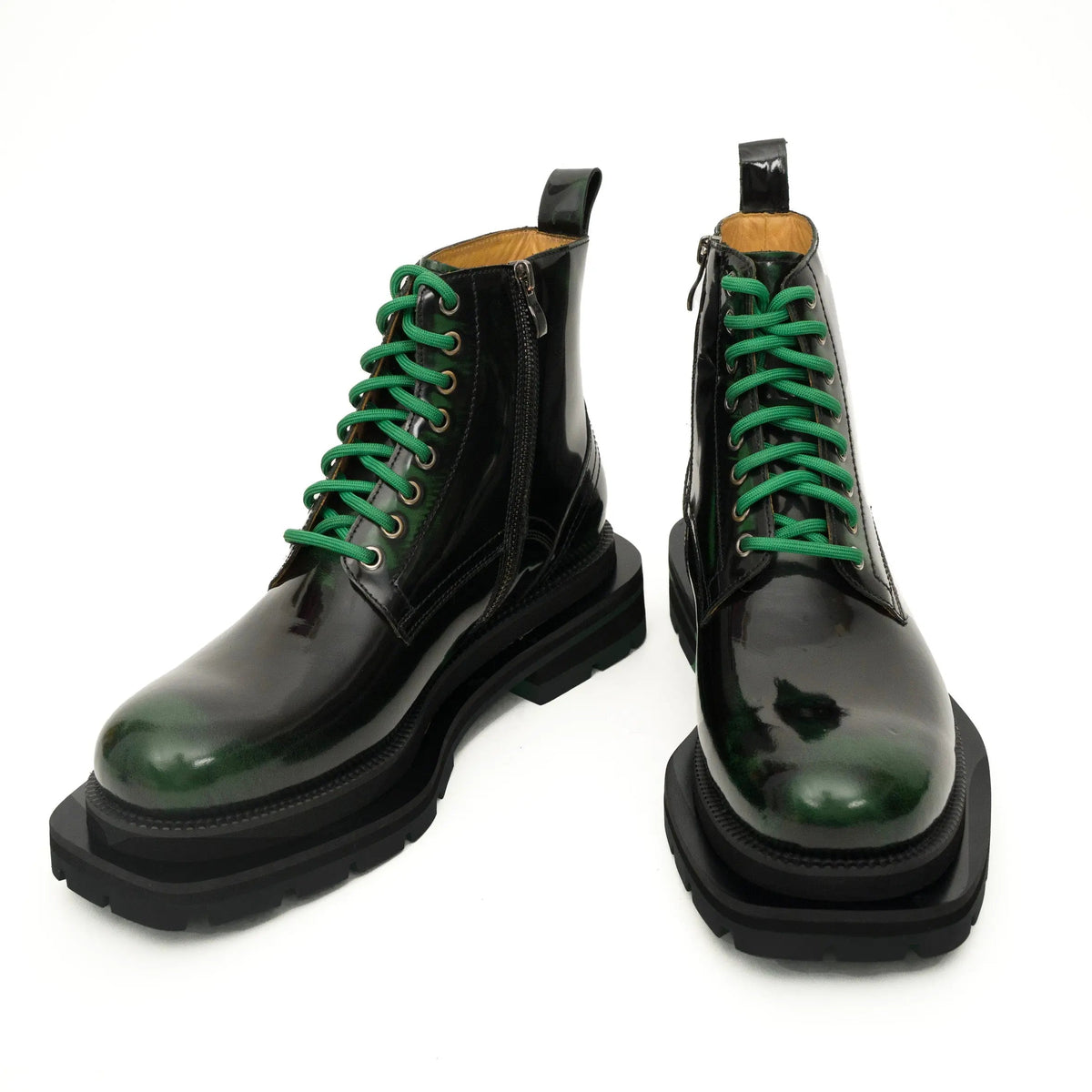 Black-Green Plain-Toe Cow Leather Ankle Boots