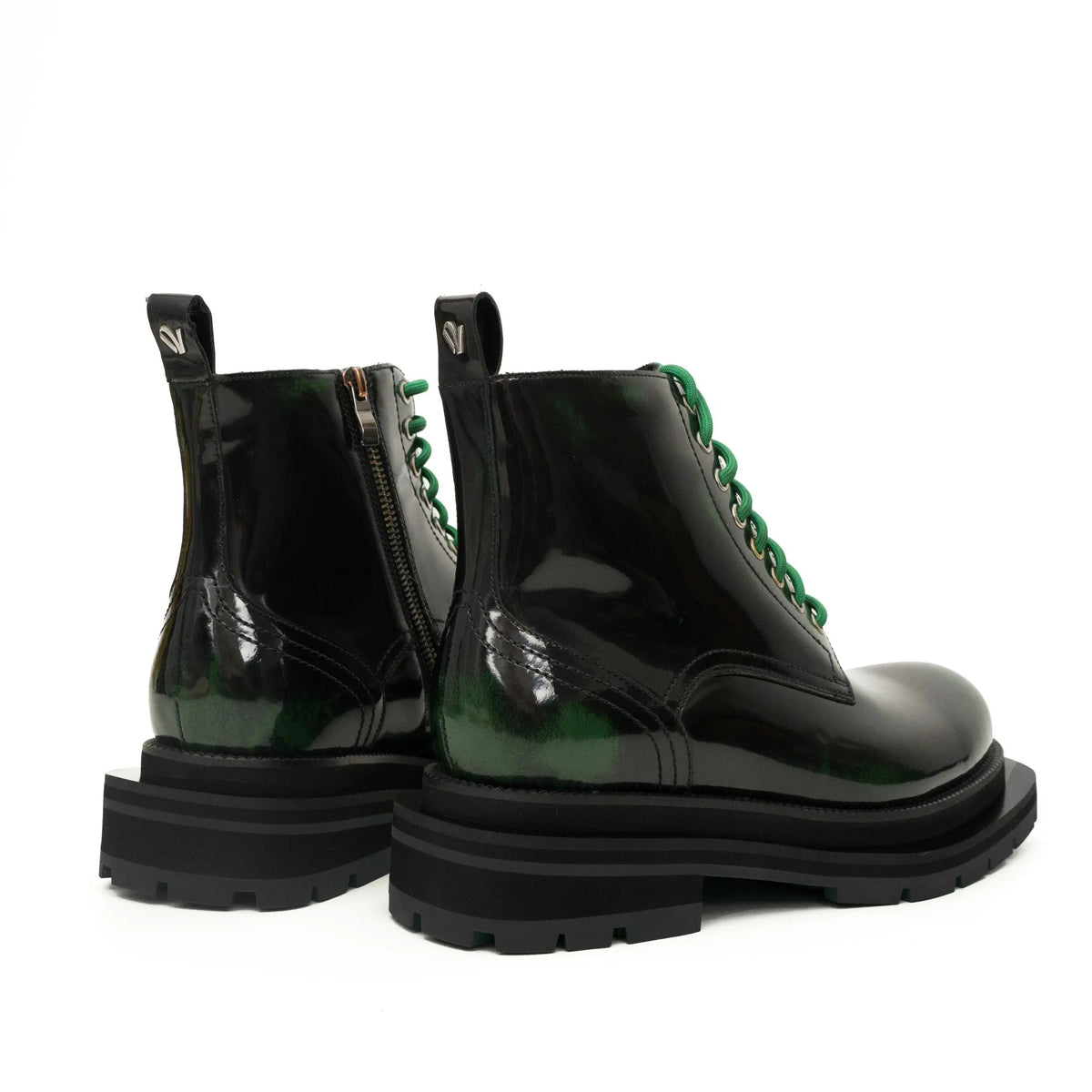 Black-Green Plain-Toe Cow Leather Ankle Boots