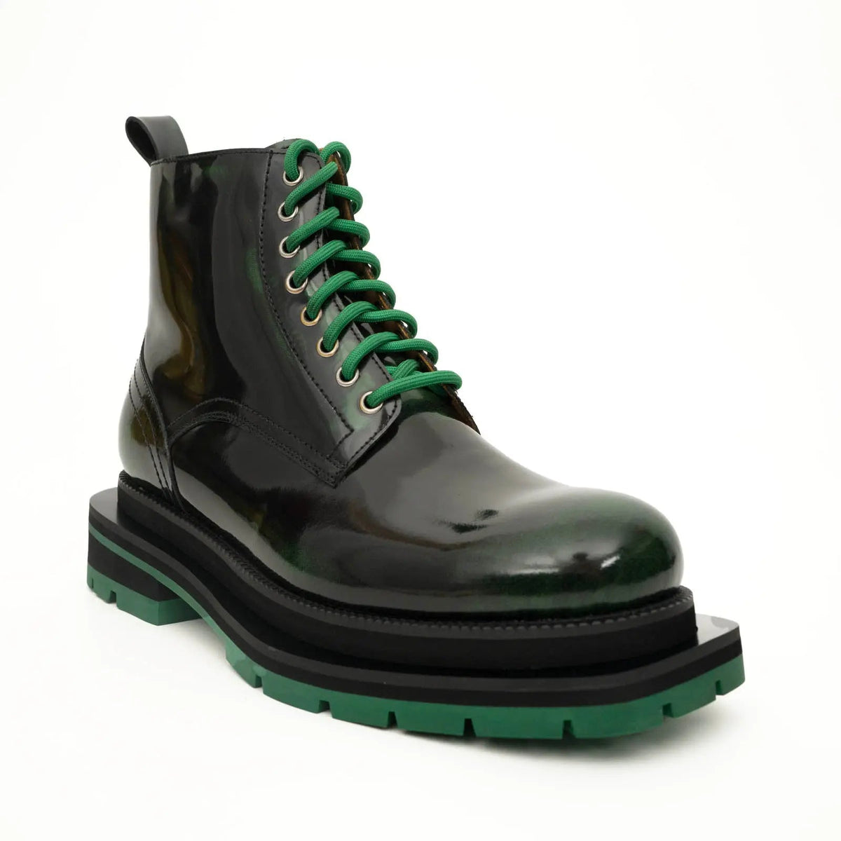 Black-Green Plain-Toe Cow Leather Ankle Boots