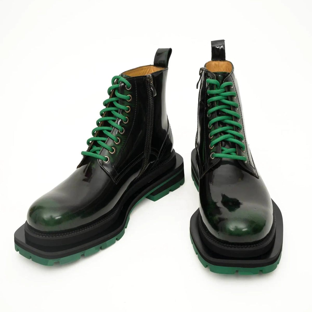 Black-Green Plain-Toe Cow Leather Ankle Boots