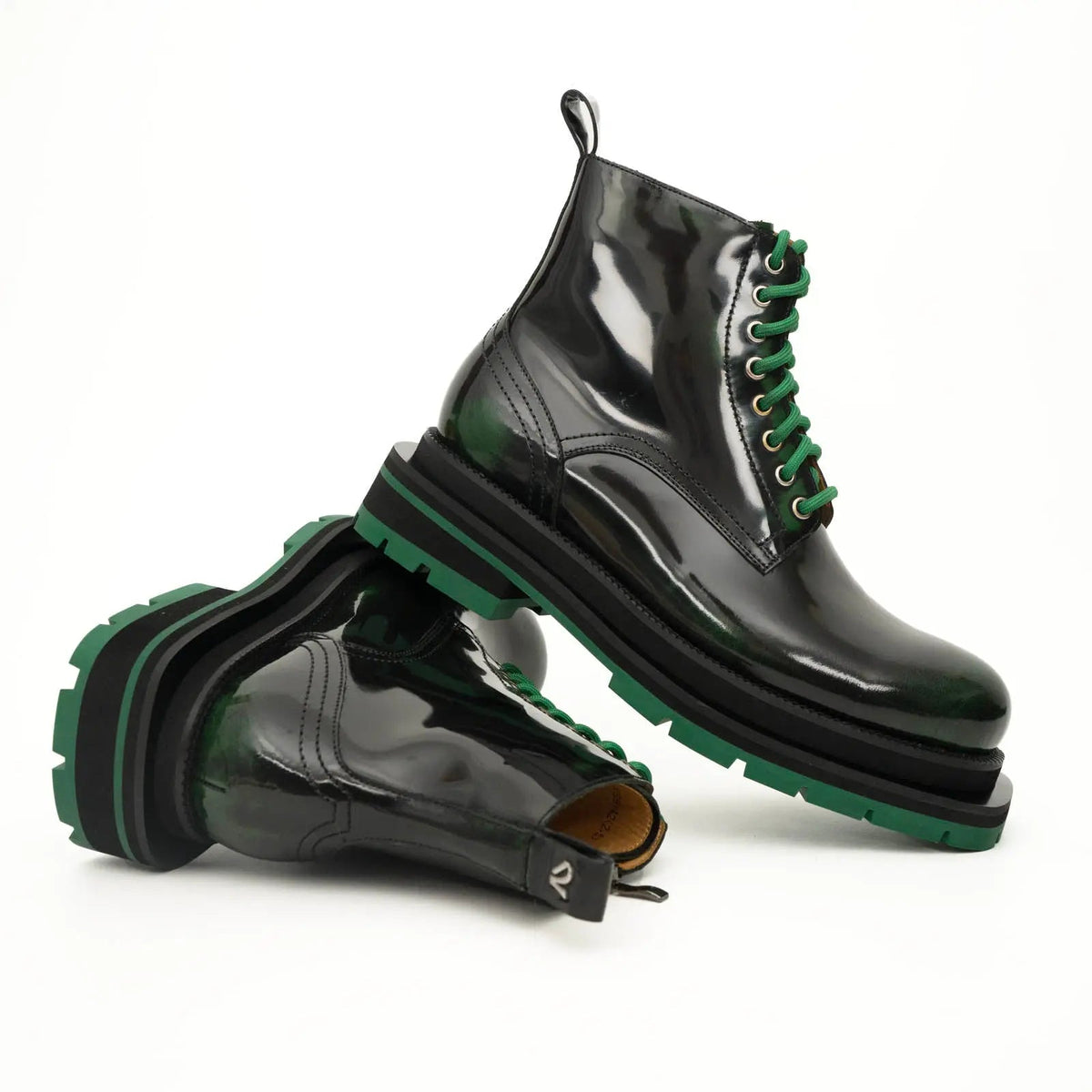 Black-Green Plain-Toe Cow Leather Ankle Boots