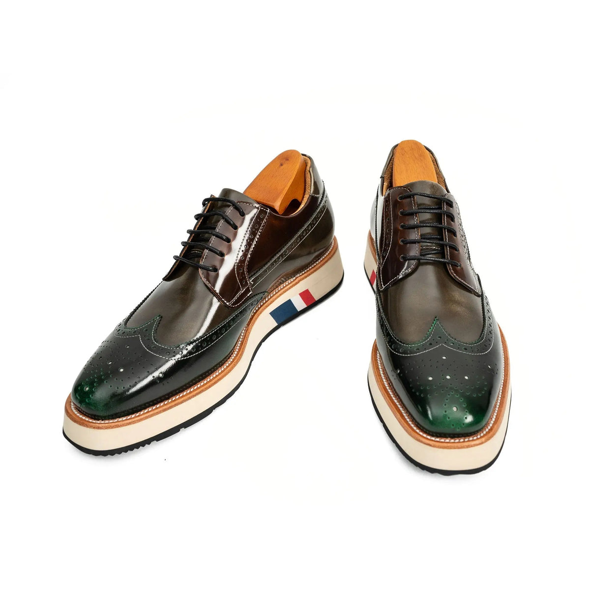 Green Wingtip Cow Leather Derby Shoes