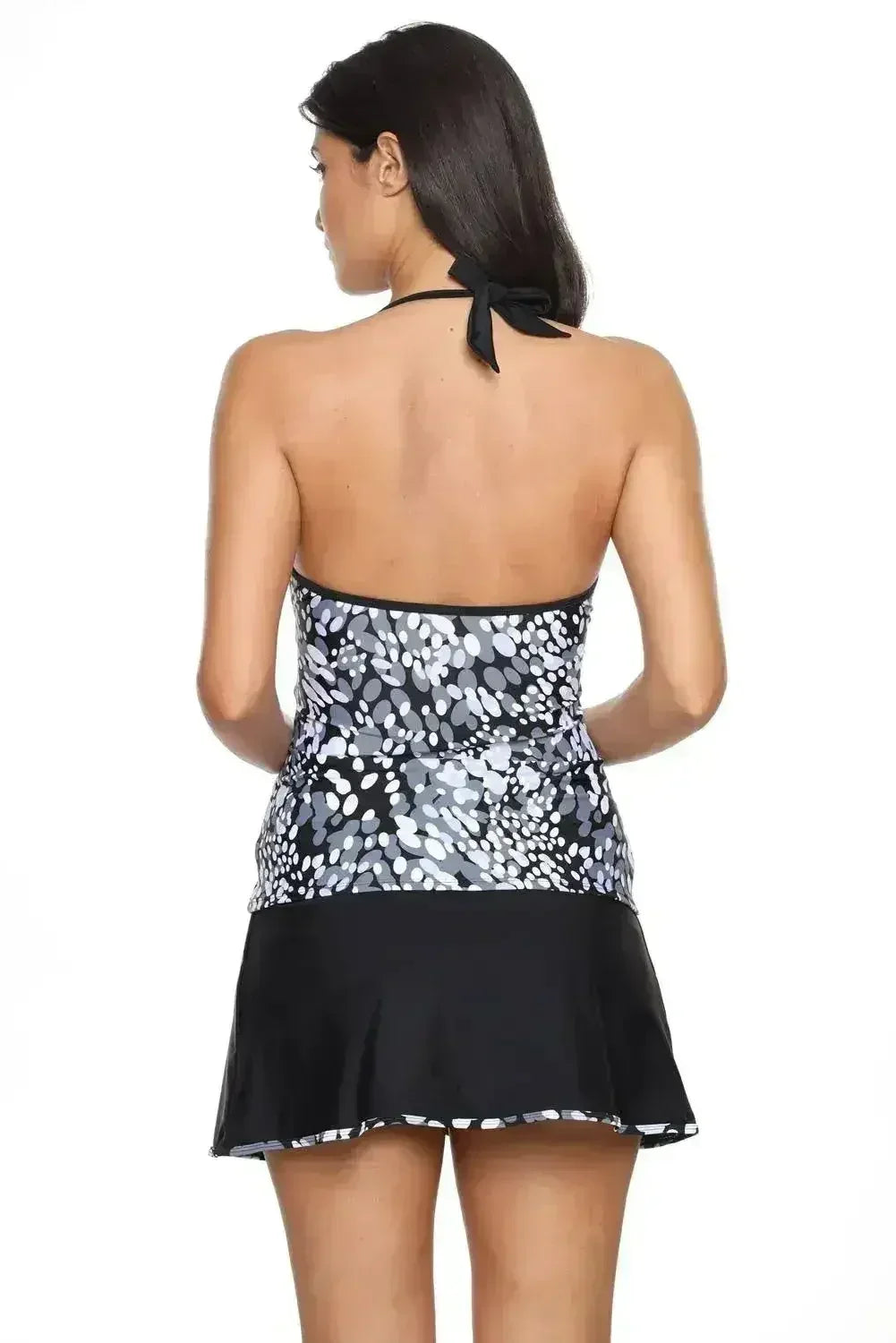 Grey White Spots Halter Tankini Wrapped Skirt Swimsuit