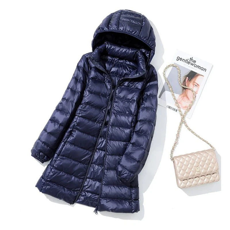 SEDUTMO Winter Long Womens Down Coat  Ultra Light Thin Puffer Jacket Slim Casual Remove Hooded Parka ED1580