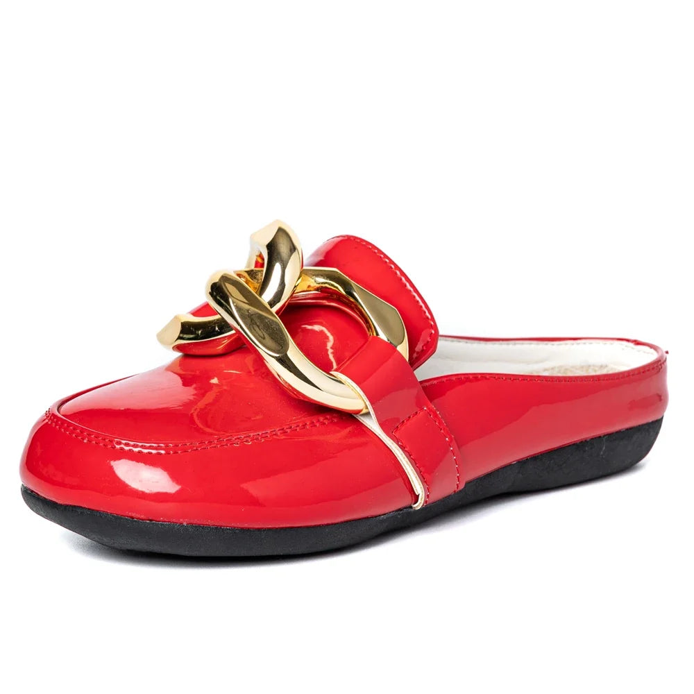 Women Slippers Gold Chain Closed Toe Slip On Mullers Shoes Round Toe Low Heels Casual Slides Flip Flop Brand Designer Shoes