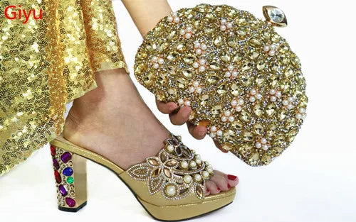 Doershow beautiful Italian Shoes And Bag Sets For Evening Party With Stones Italian Leather Handbags Match Bags! 1-30