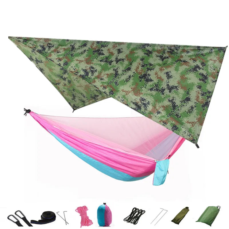 Camping Hammock Mosquito Net and Hammock Canopy Portable Nylon Hammock Rain Fly Tree Straps for Hiking Camping Survival Travel