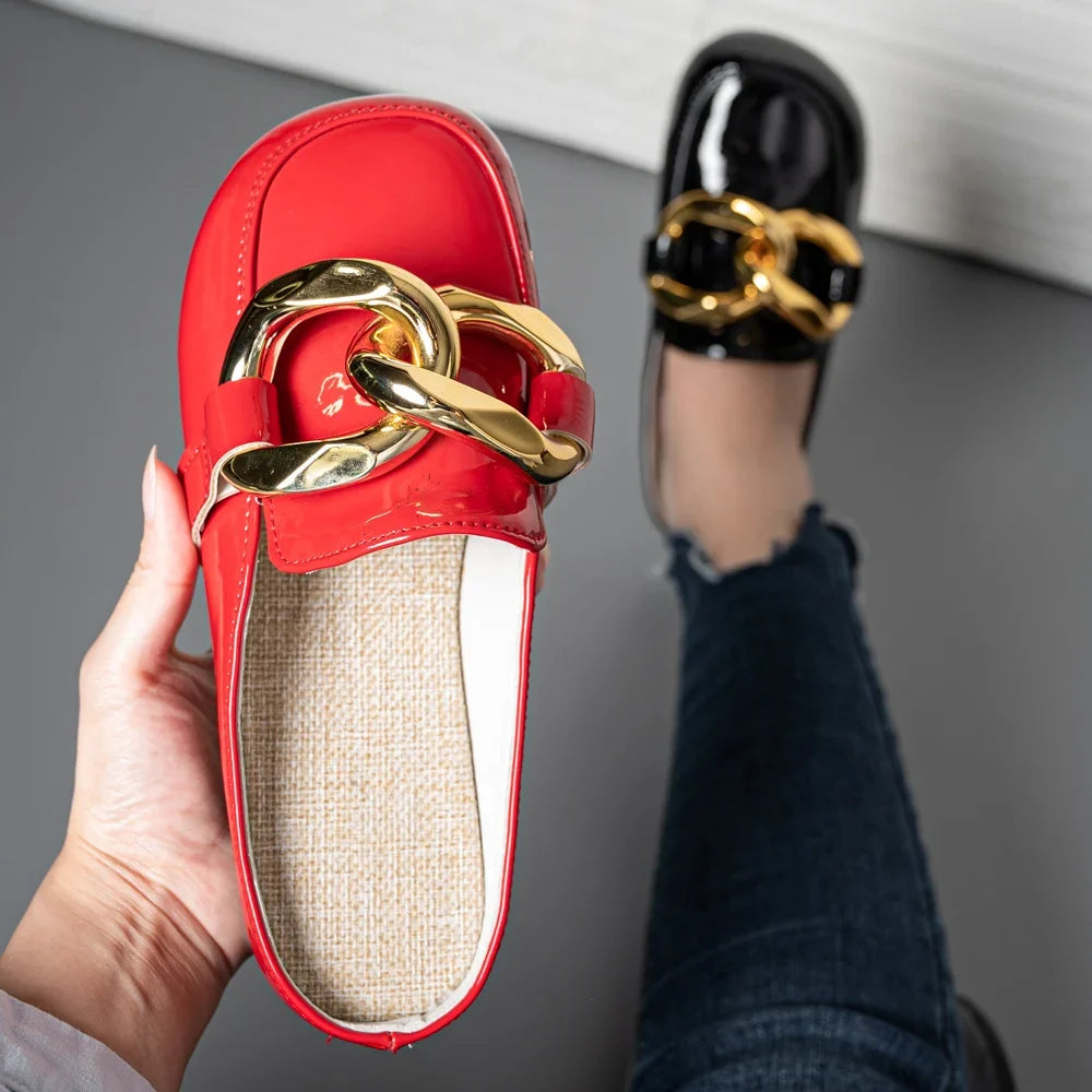 Women Slippers Gold Chain Closed Toe Slip On Mullers Shoes Round Toe Low Heels Casual Slides Flip Flop Brand Designer Shoes