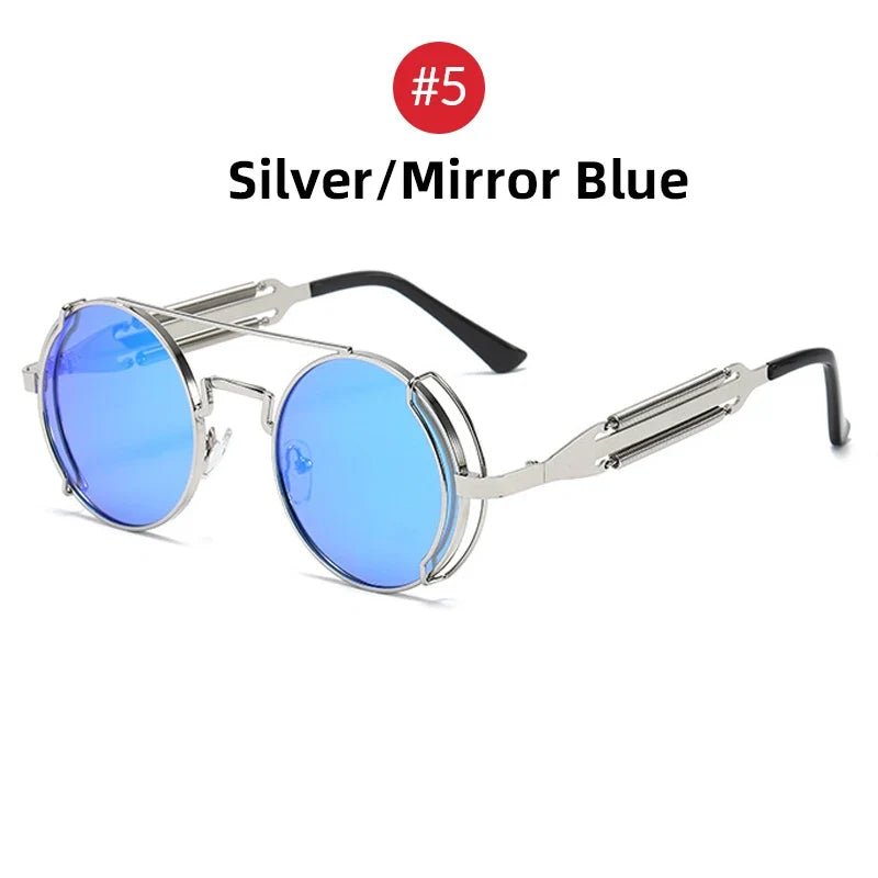 VIVIBEE Steampunk Sunglasses Men Round Red Lens Punk Sun Glasses Black Metal Gothic Style 2026 New Products Women UV400 Shades