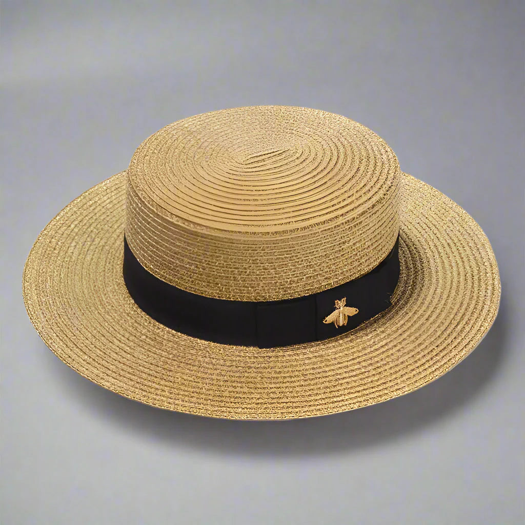 Canotier de paja para mujer con adorno de abeja metálica