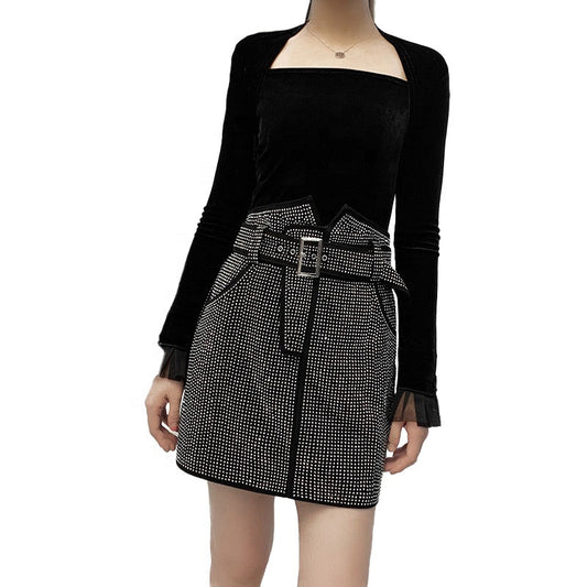 Black Sheepskin Skirt With Rhinestones Women's