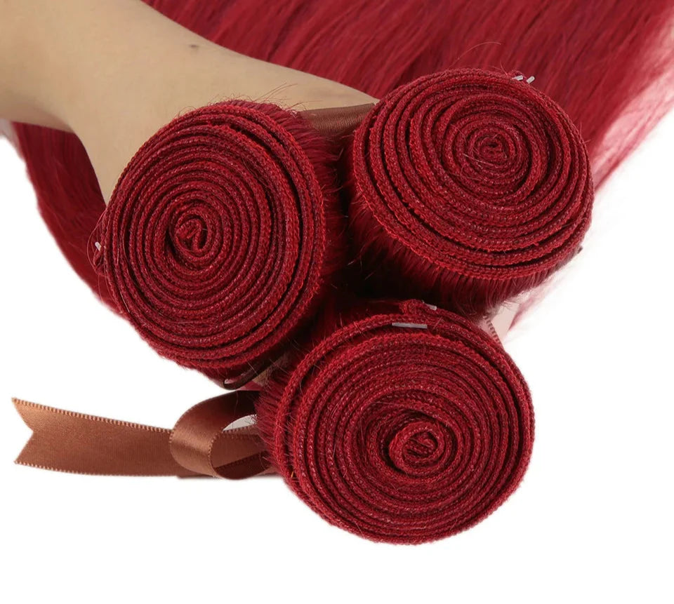 Extensiones de cabello lacio con reflejos rojos y rubios y cierre | 3 paquetes de cabello humano Remy brasileño