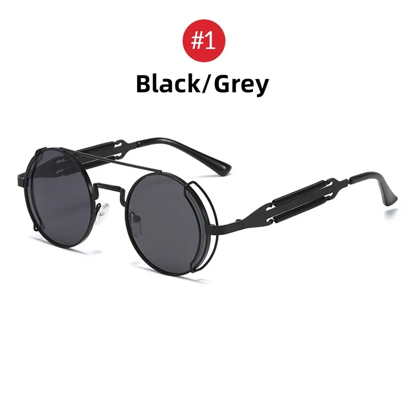 VIVIBEE Steampunk Sunglasses Men Round Red Lens Punk Sun Glasses Black Metal Gothic Style 2026 New Products Women UV400 Shades
