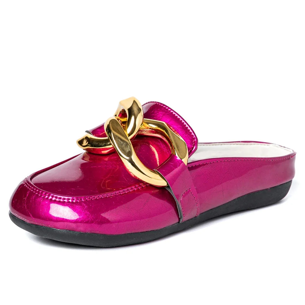 Women Slippers Gold Chain Closed Toe Slip On Mullers Shoes Round Toe Low Heels Casual Slides Flip Flop Brand Designer Shoes