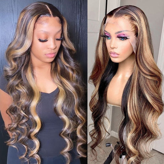 Peluca con reflejos de cabello humano, degradado, con encaje frontal, pelucas de cabello brasileño para mujeres negras, peluca frontal con encaje de 30 pulgadas, rubia miel, con ondas corporales