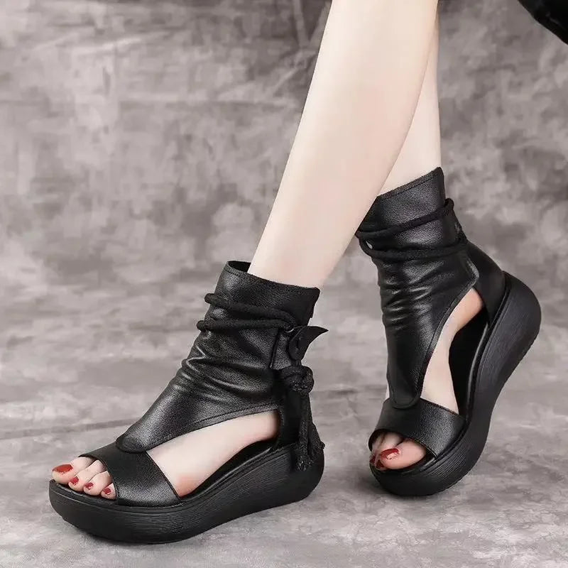 GKTINOO 2026 New Summer Black Women Leather Sandals Cool Boots Platform Shoes Wedges Sandals Women Shoes Fashion Outdoor Sandals