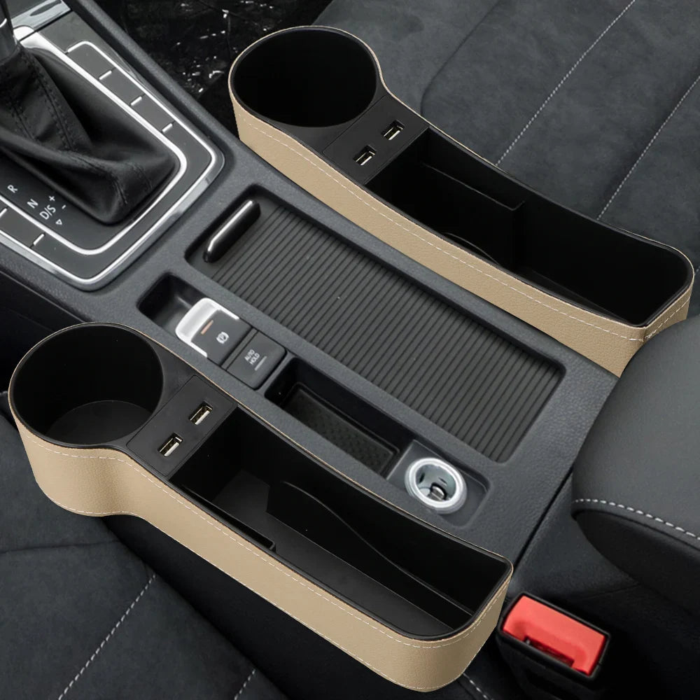 Car Organizer Auto Crevice Pocket Phone Bottle Cups Holder Seat Gap Leather Storage Box Car Accessories,USB Chargers Optional