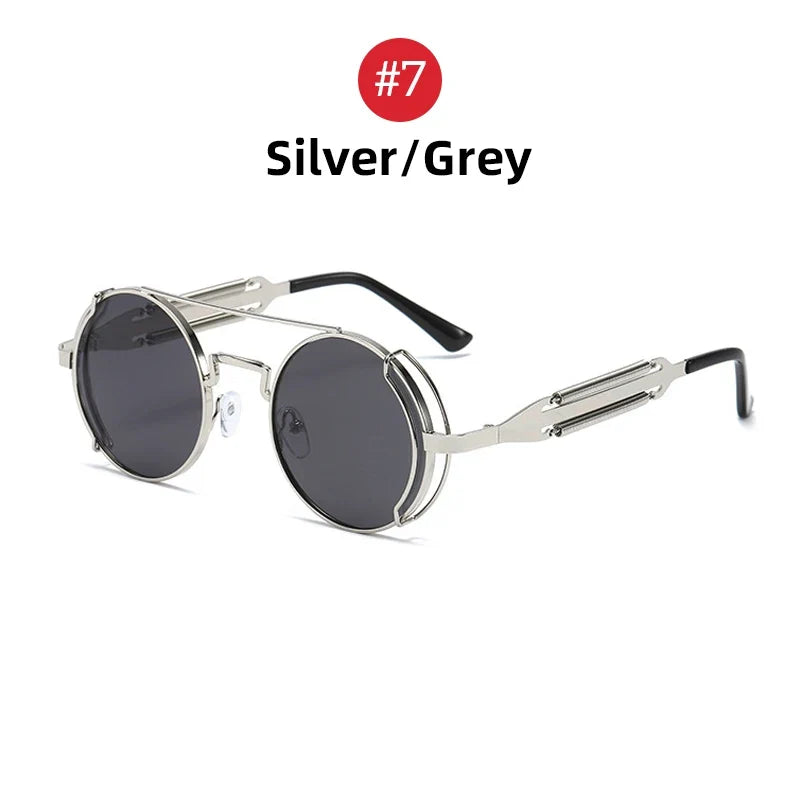 VIVIBEE Steampunk Sunglasses Men Round Red Lens Punk Sun Glasses Black Metal Gothic Style 2026 New Products Women UV400 Shades