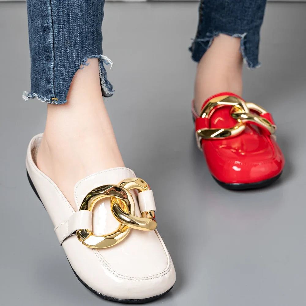 Women Slippers Gold Chain Closed Toe Slip On Mullers Shoes Round Toe Low Heels Casual Slides Flip Flop Brand Designer Shoes