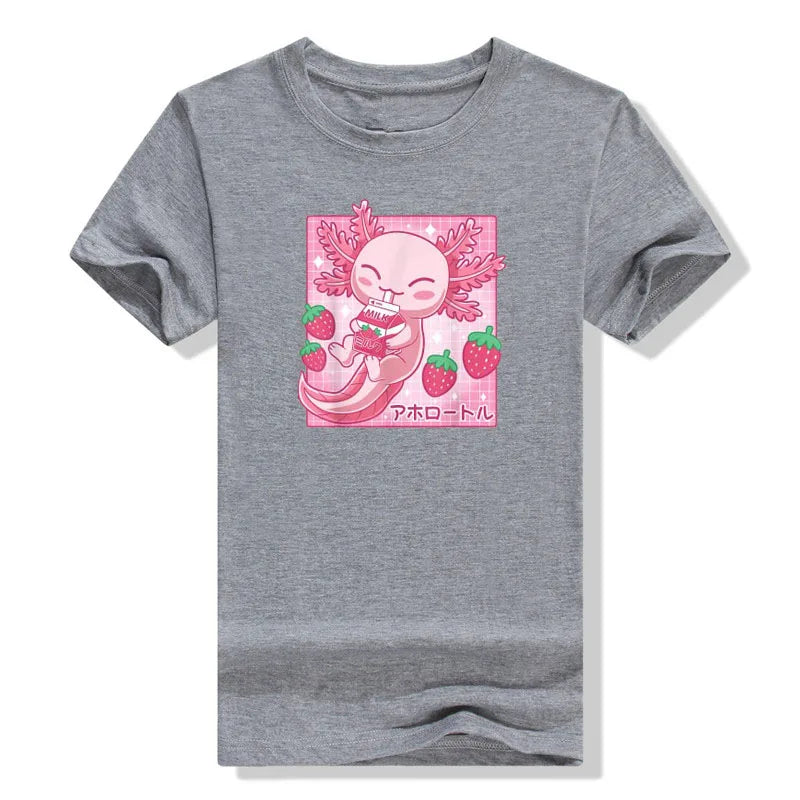 Camiseta de Leche de Fresa de Ajolote Kawaii