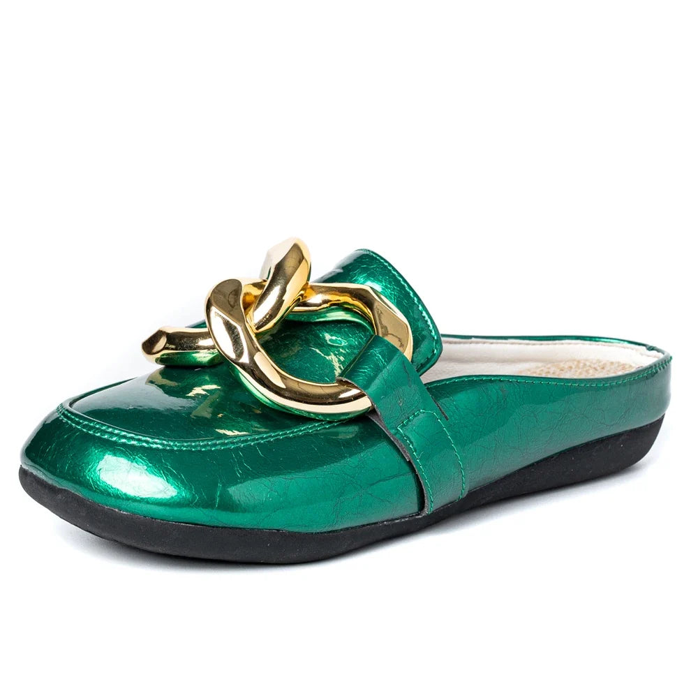 Women Slippers Gold Chain Closed Toe Slip On Mullers Shoes Round Toe Low Heels Casual Slides Flip Flop Brand Designer Shoes