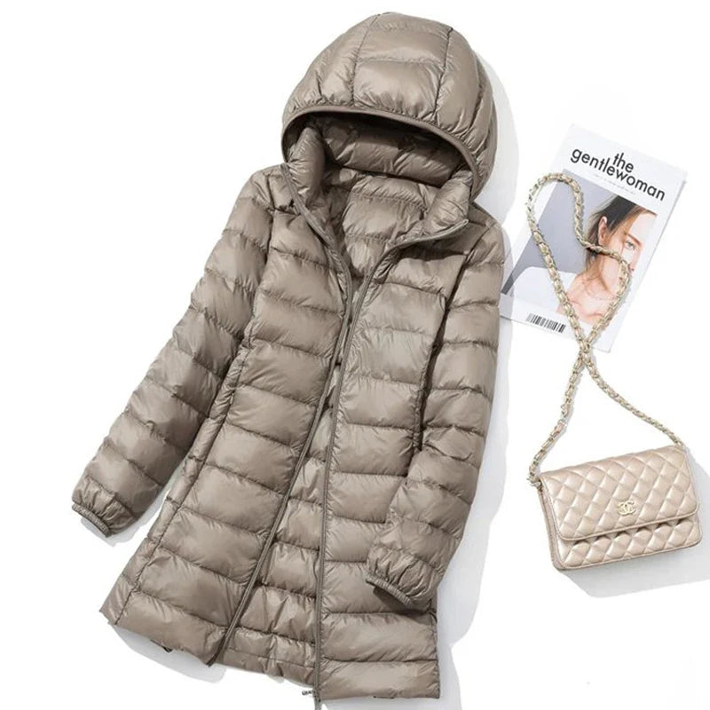 SEDUTMO Winter Long Womens Down Coat  Ultra Light Thin Puffer Jacket Slim Casual Remove Hooded Parka ED1580