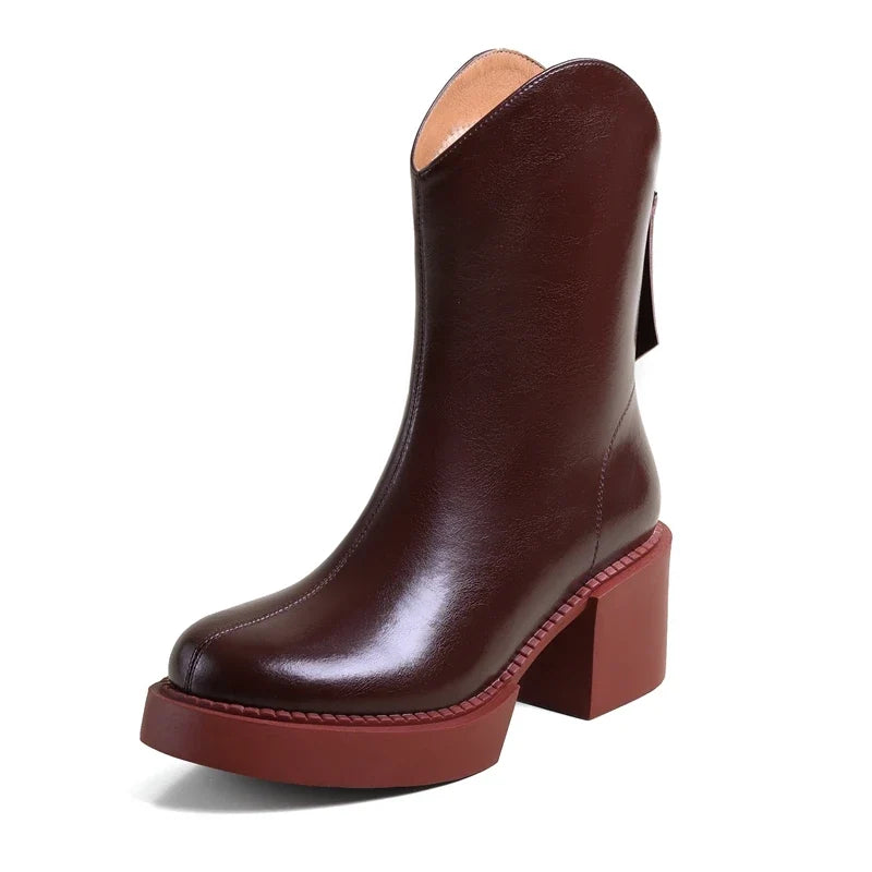 2022 Winter New Women Boots Women Shoes Round Toe Square Heel Real Wool Thick Heel Short Boots Solid Color Womens Platform Heels