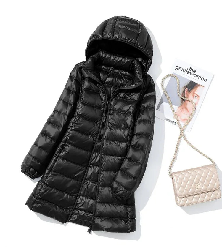 SEDUTMO Winter Long Womens Down Coat  Ultra Light Thin Puffer Jacket Slim Casual Remove Hooded Parka ED1580