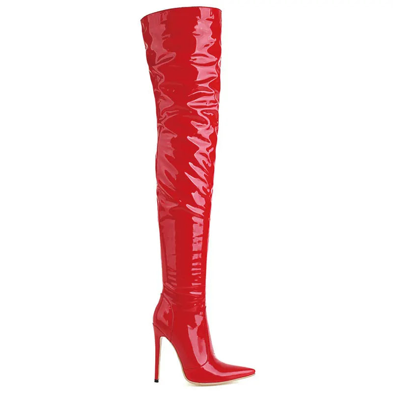 Sgesvier 2021 New Sexy Over the knee Long Boots  High Heel Patent leather Autumn Winter Women Shoes Black Red White Size 32-49