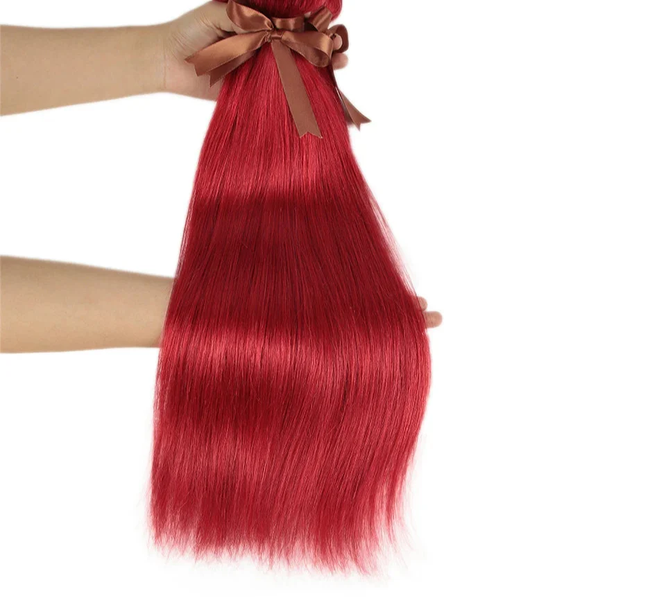 Extensiones de cabello lacio con reflejos rojos y rubios y cierre | 3 paquetes de cabello humano Remy brasileño