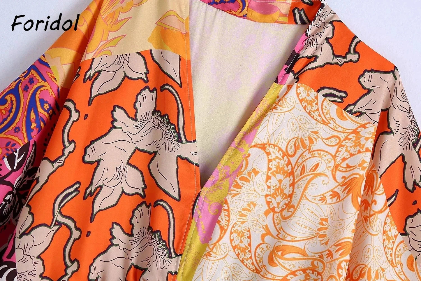 Foridol Paisley Print Batwing Sleeve Kimono Maxi Long Dress Floral Print Half Sleeve Boho Autumn Dress Orange Belt Slit Dress