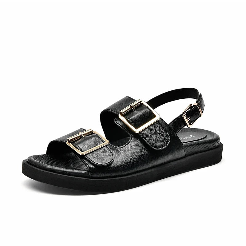 BeauToday Casual Sandals Women Genuine Leather Metal Ankle Buckle Strap Summer Beach Ladies Low Heel Sport Shoes Handmade 38128