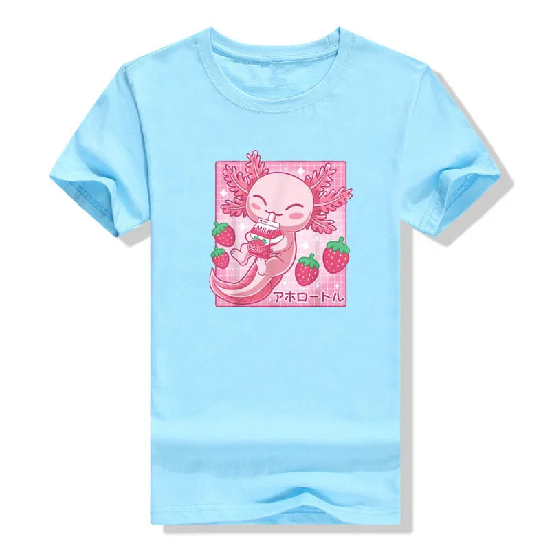 Camiseta de Leche de Fresa de Ajolote Kawaii