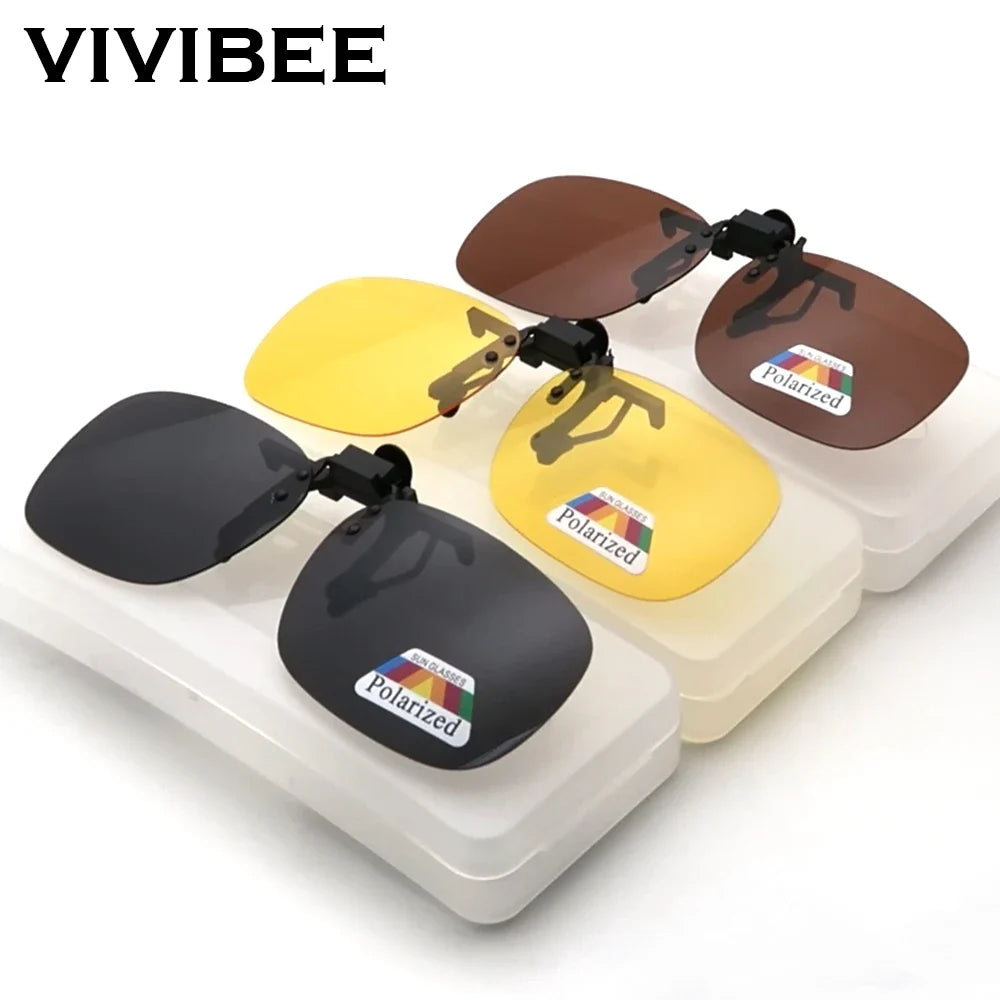VIVIBEE Men Polarized Flip Up Clip on Sunglasses Black Driving UV400 Women Square S M L Goggles Night Vision Fishing Glasses