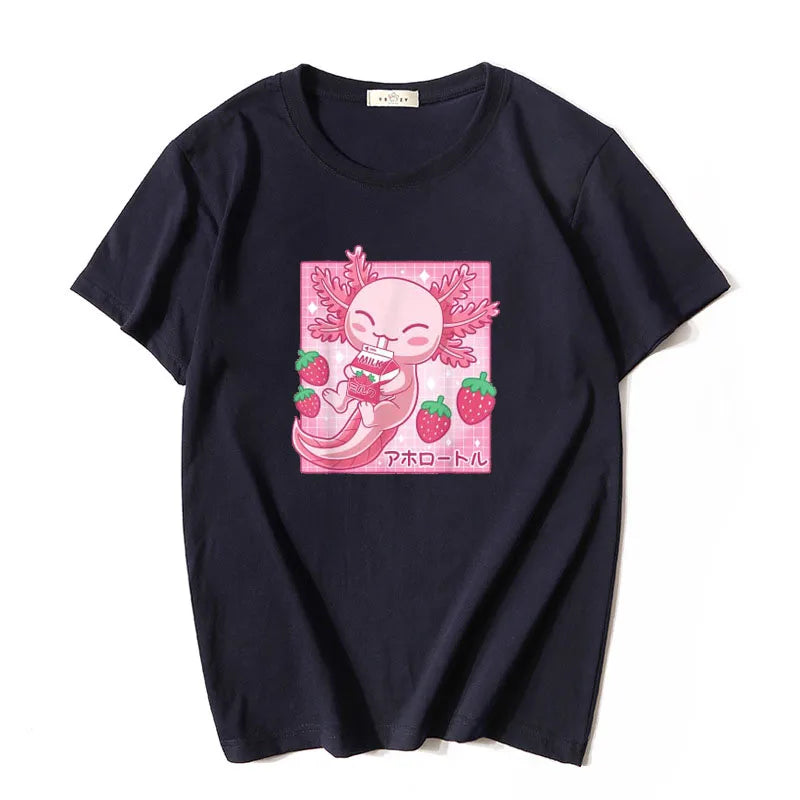 Camiseta de Leche de Fresa de Ajolote Kawaii