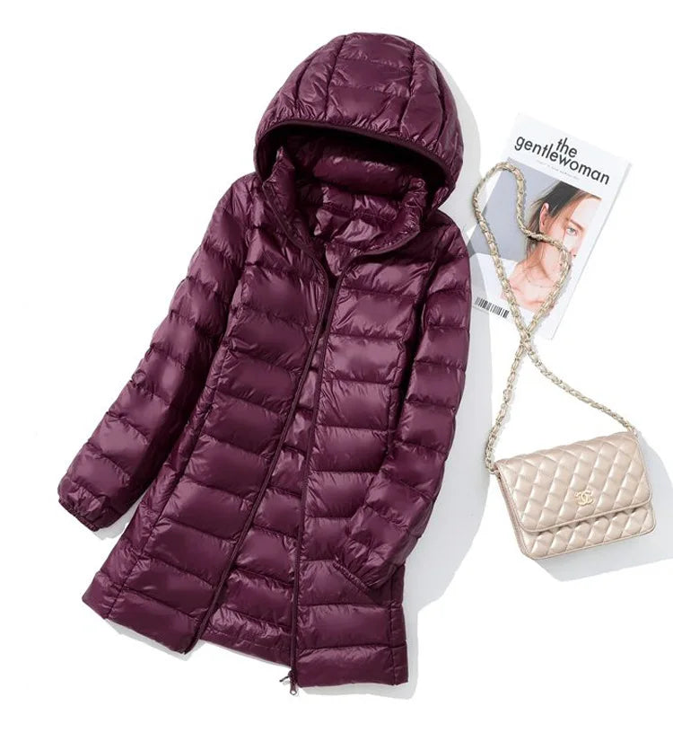 SEDUTMO Winter Long Womens Down Coat  Ultra Light Thin Puffer Jacket Slim Casual Remove Hooded Parka ED1580