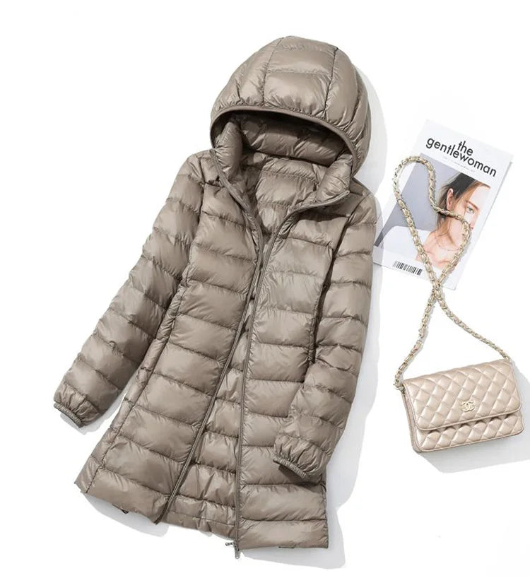 SEDUTMO Winter Long Womens Down Coat  Ultra Light Thin Puffer Jacket Slim Casual Remove Hooded Parka ED1580