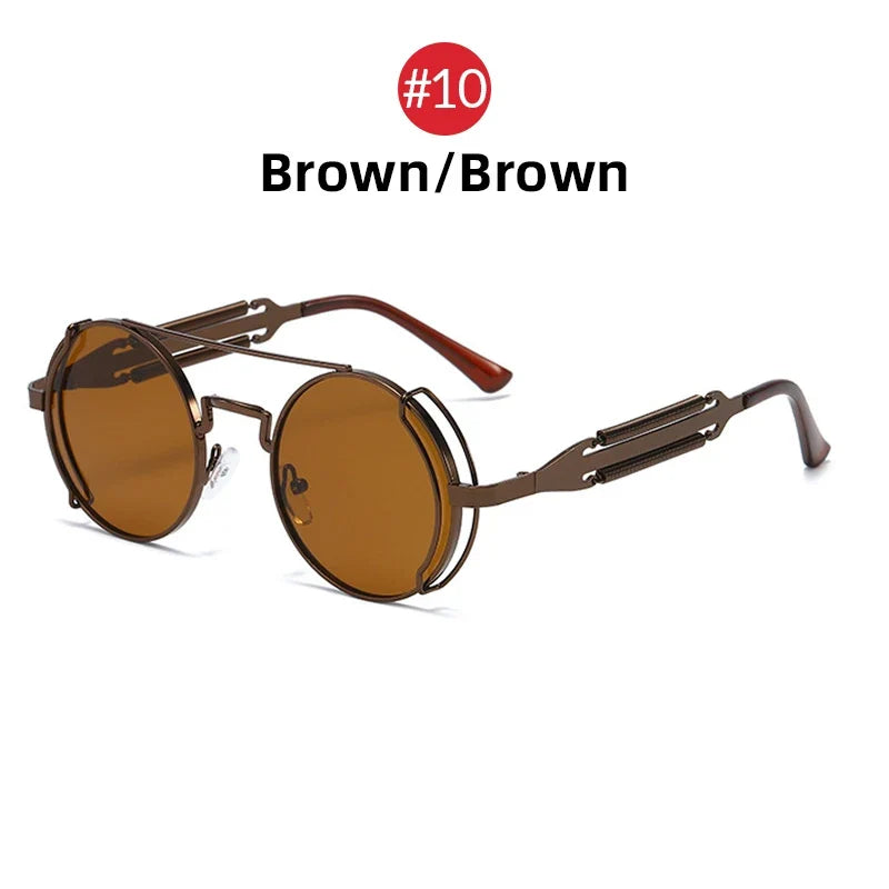 VIVIBEE Steampunk Sunglasses Men Round Red Lens Punk Sun Glasses Black Metal Gothic Style 2026 New Products Women UV400 Shades