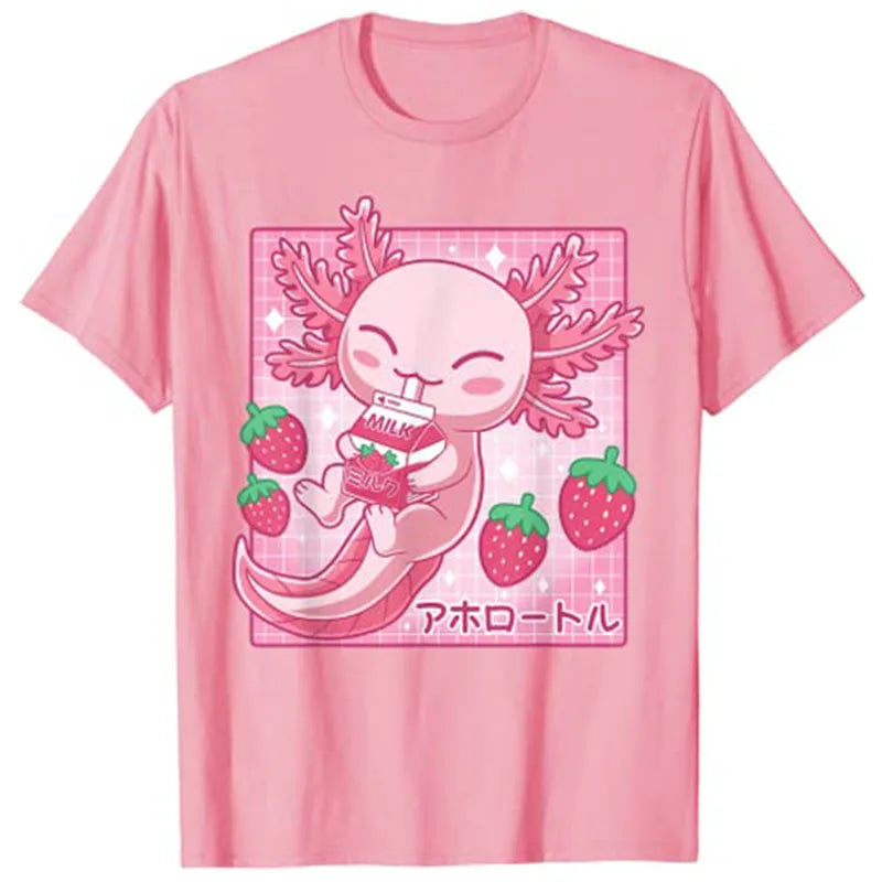 Camiseta de Leche de Fresa de Ajolote Kawaii