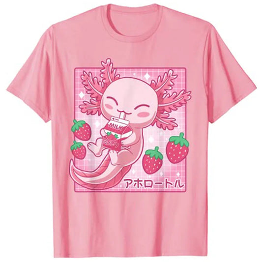Camiseta de Leche de Fresa de Ajolote Kawaii