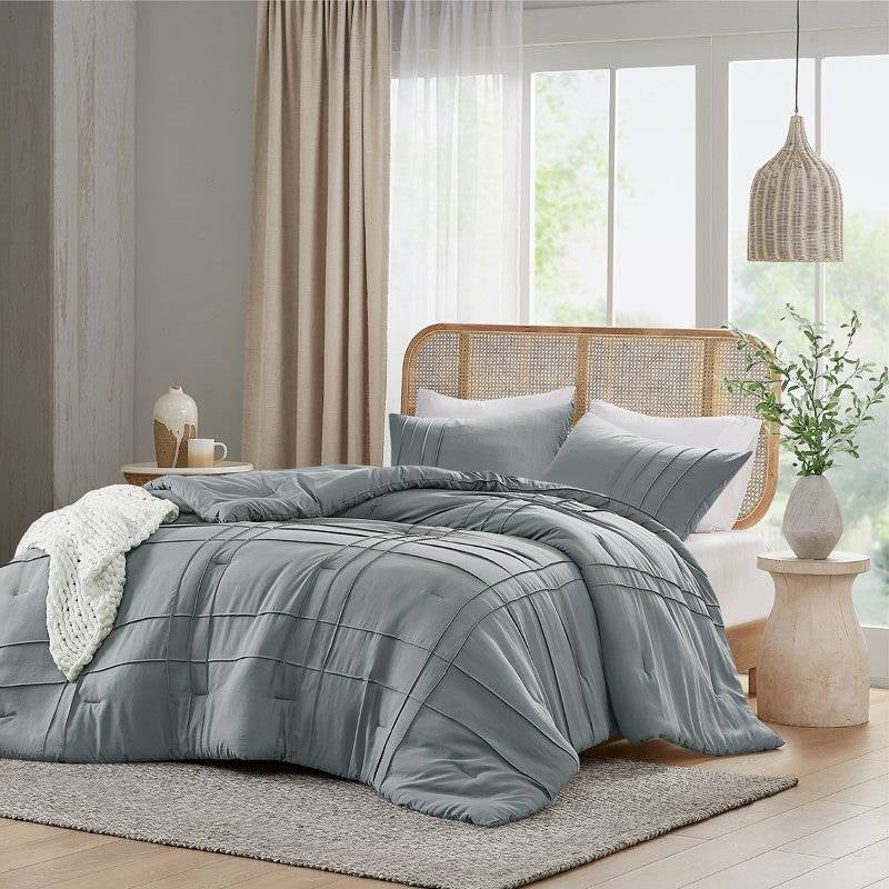 Juego de edredón de microfibra prelavada plisado Twin/Twin XL en gris azulado